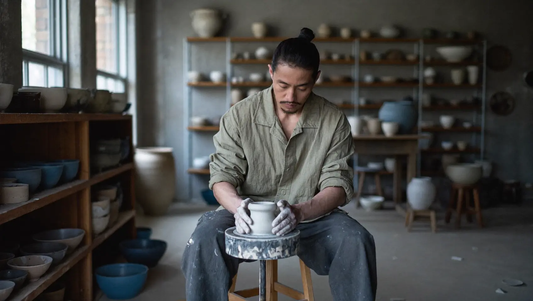 Doyoon Kim shaping porcelain by hand in his studio
